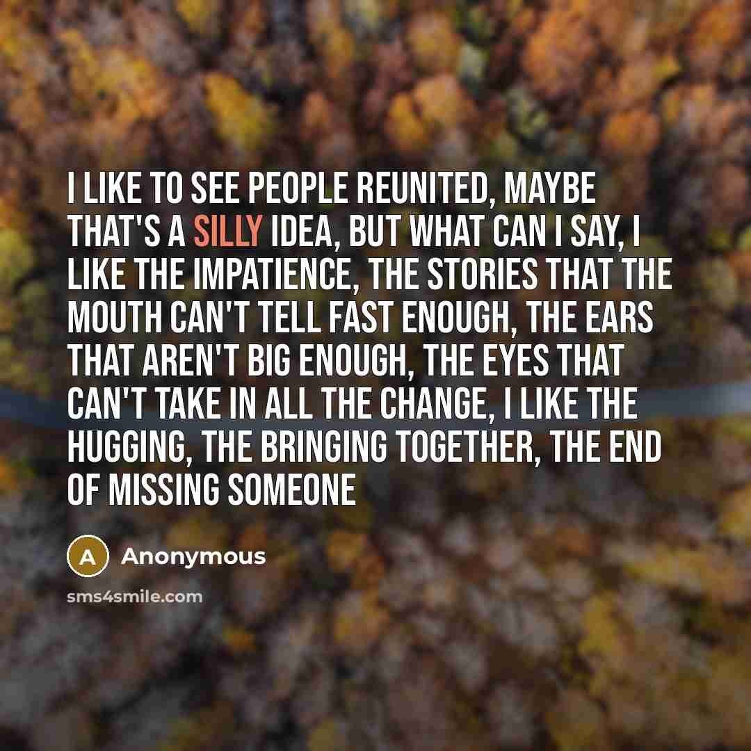 “I like to see people reunited, maybe that's a silly idea, but what can I say, I like the impatience, the stories that the mouth can't tell fast enough, the ears that aren't big enough, the eyes that can't take in all the change, I like the hugging, the bringing together, the end of missing someone” quote by Anonymous