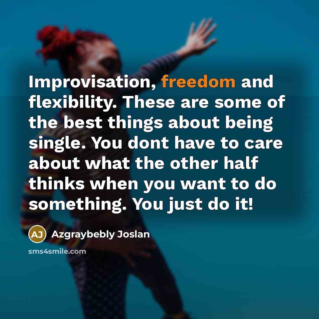 “Improvisation, freedom and flexibility. These are some of the best things about being single. You dont have to care about what the other half thinks when you want to do something. You just do it!” quote by Azgraybebly Joslan