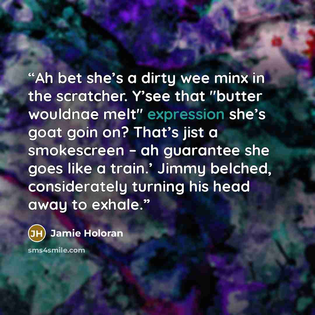 “Ah bet she’s a dirty wee minx in the scratcher. Y’see that "butter wouldnae melt" expression she’s goat goin on? That’s jist a smokescreen – ah guarantee she goes like a train.’ Jimmy belched, considerately turning his head away to exhale.” quote by Jamie Holoran