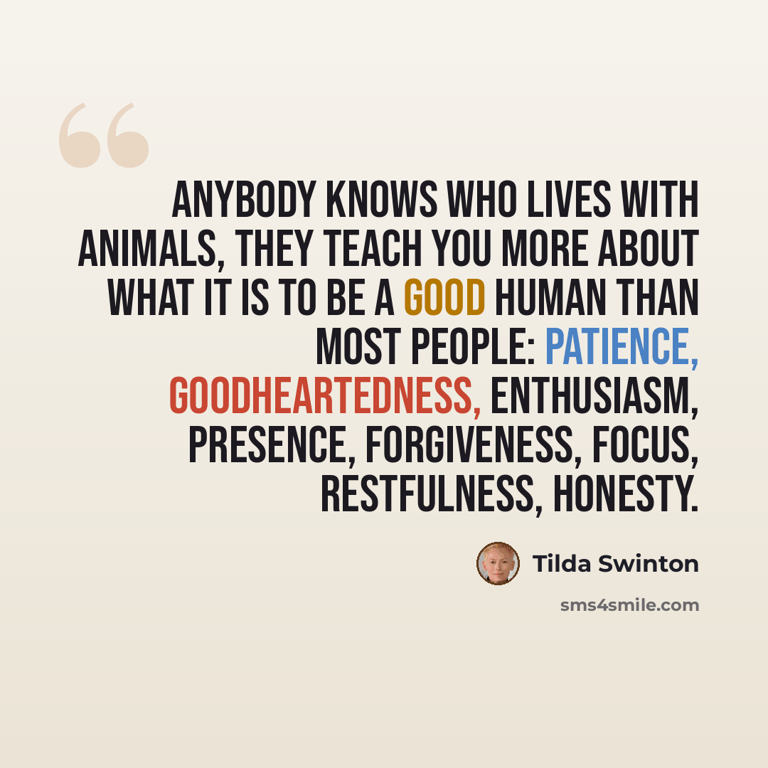 “Anybody knows who lives with animals, they teach you more about what it is to be a good human than most people: patience, goodheartedness, enthusiasm, presence, forgiveness, focus, restfulness, honesty.” quote by Tilda Swinton