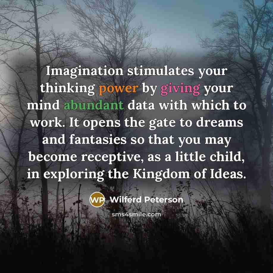 “Imagination stimulates your thinking power by giving your mind abundant data with which to work. It opens the gate to dreams and fantasies so that you may become receptive, as a little child, in exploring the Kingdom of Ideas.” quote by Wilferd Peterson