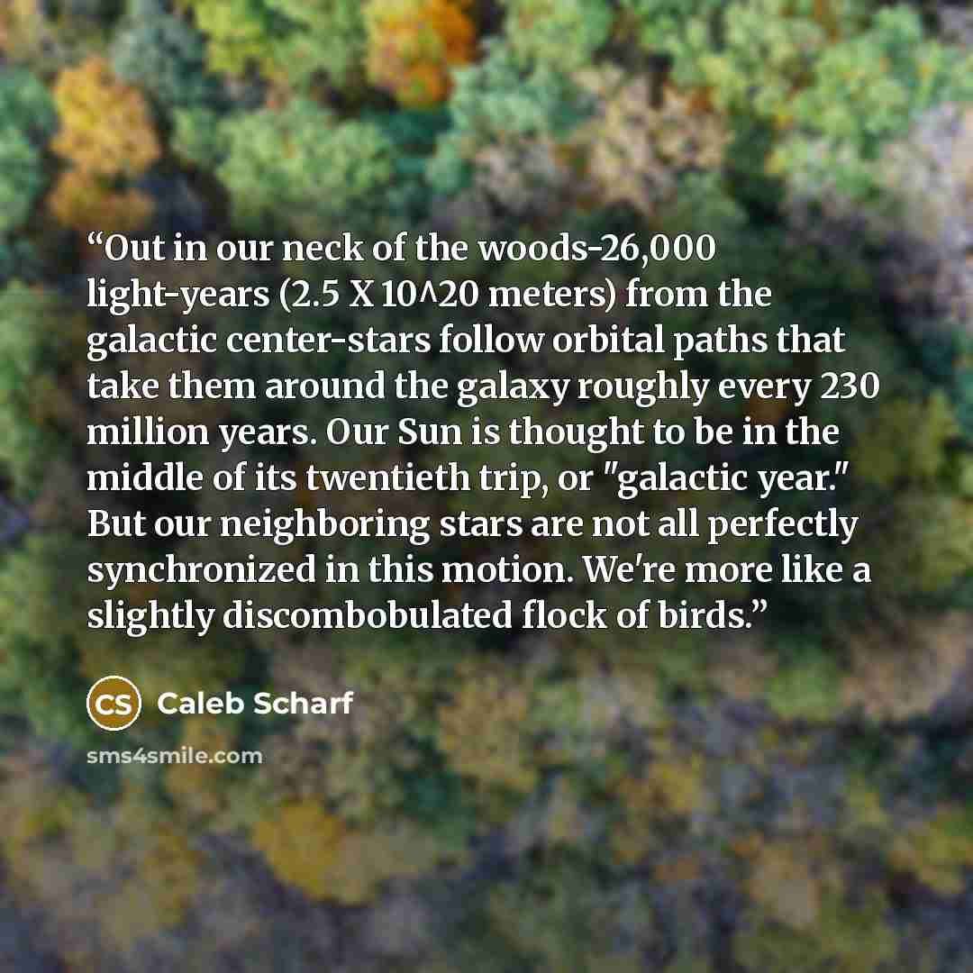 “Out in our neck of the woods-26,000 light-years (2.5 X 10^20 meters) from the galactic center-stars follow orbital paths that take them around the galaxy roughly every 230 million years. Our Sun is thought to be in the middle of its twentieth trip, or "galactic year." But our neighboring stars are…” quote by Caleb Scharf