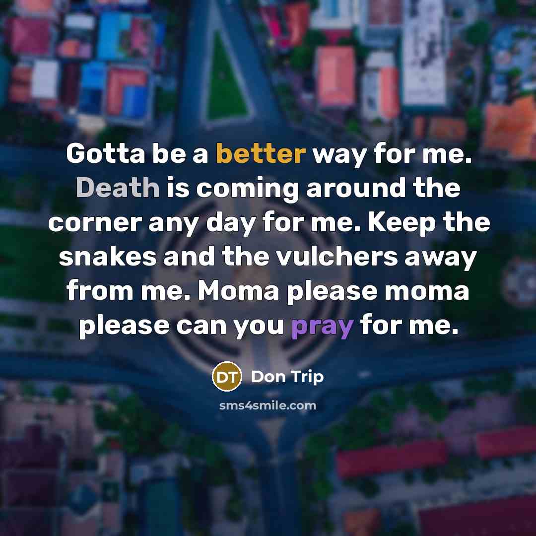 “Gotta be a better way for me. Death is coming around the corner any day for me. Keep the snakes and the vulchers away from me. Moma please moma please can you pray for me.” quote by Don Trip