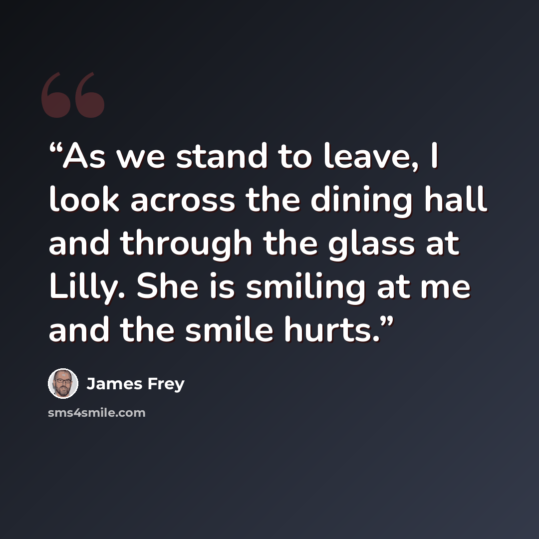 “As we stand to leave, I look across the dining hall and through the glass at Lilly. She is smiling at me and the smile hurts.” quote by James Frey