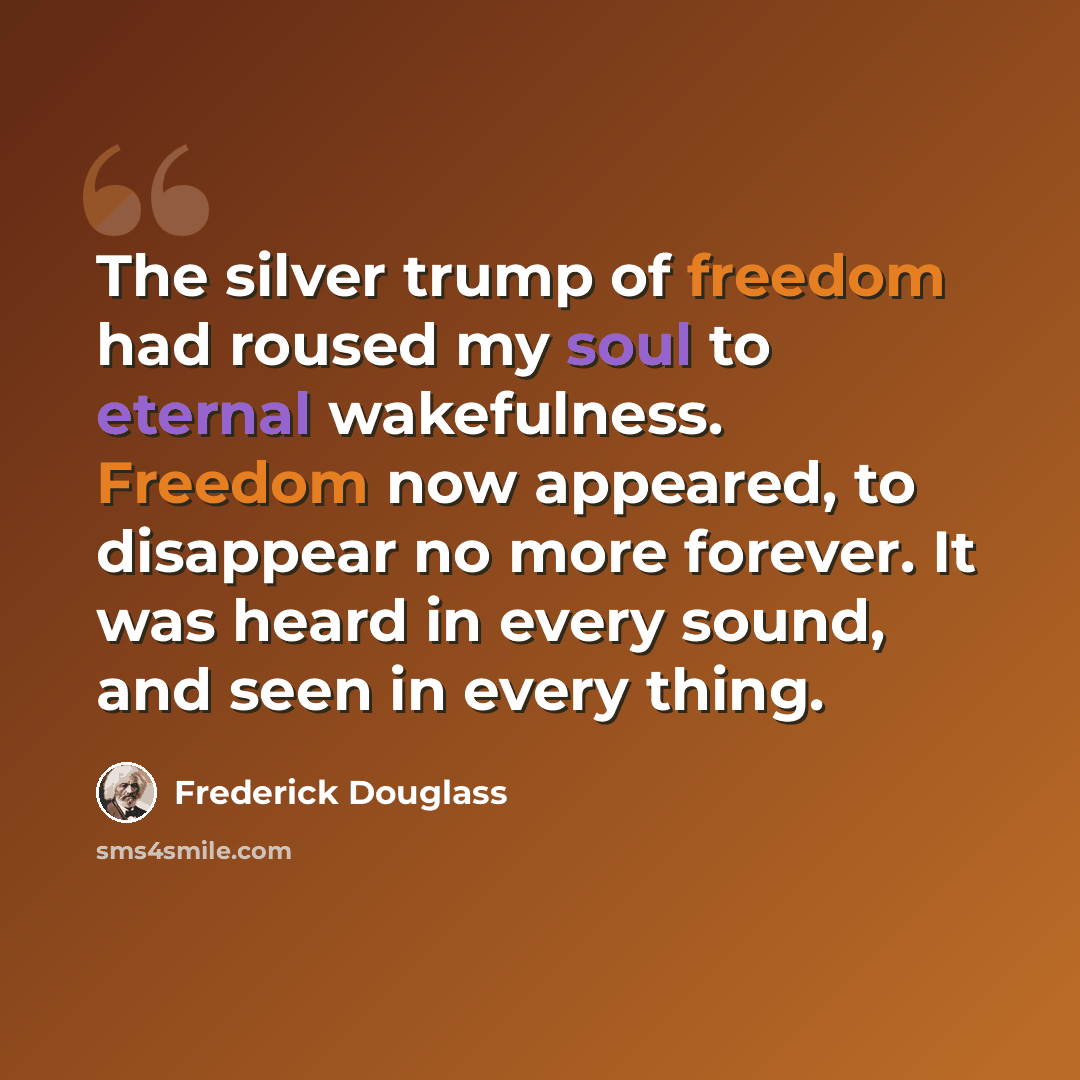“The silver trump of freedom had roused my soul to eternal wakefulness. Freedom now appeared, to disappear no more forever. It was heard in every sound, and seen in every thing.” quote by Frederick Douglass