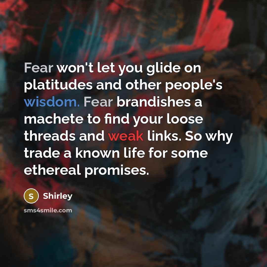 “Fear won't let you glide on platitudes and other people's wisdom. Fear brandishes a machete to find your loose threads and weak links. So why trade a known life for some ethereal promises.” quote by Shirley