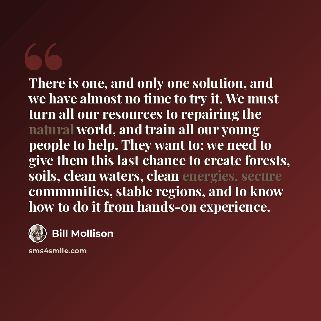 “There is one, and only one solution, and we have almost no time to try it. We must turn all our resources to repairing the natural world, and train all our young people to help. They want to; we need to give them this last chance to create forests, soils, clean waters, clean energies, secure…” quote by Bill Mollison