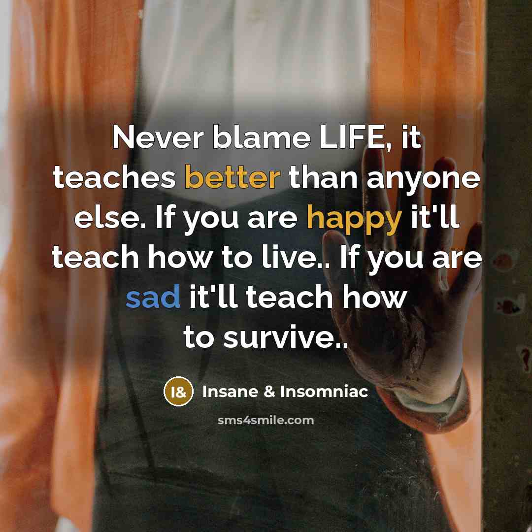 “Never blame LIFE, it teaches better than anyone else. If you are happy it'll teach how to live.. If you are sad it'll teach how to survive..” quote by Insane & Insomniac