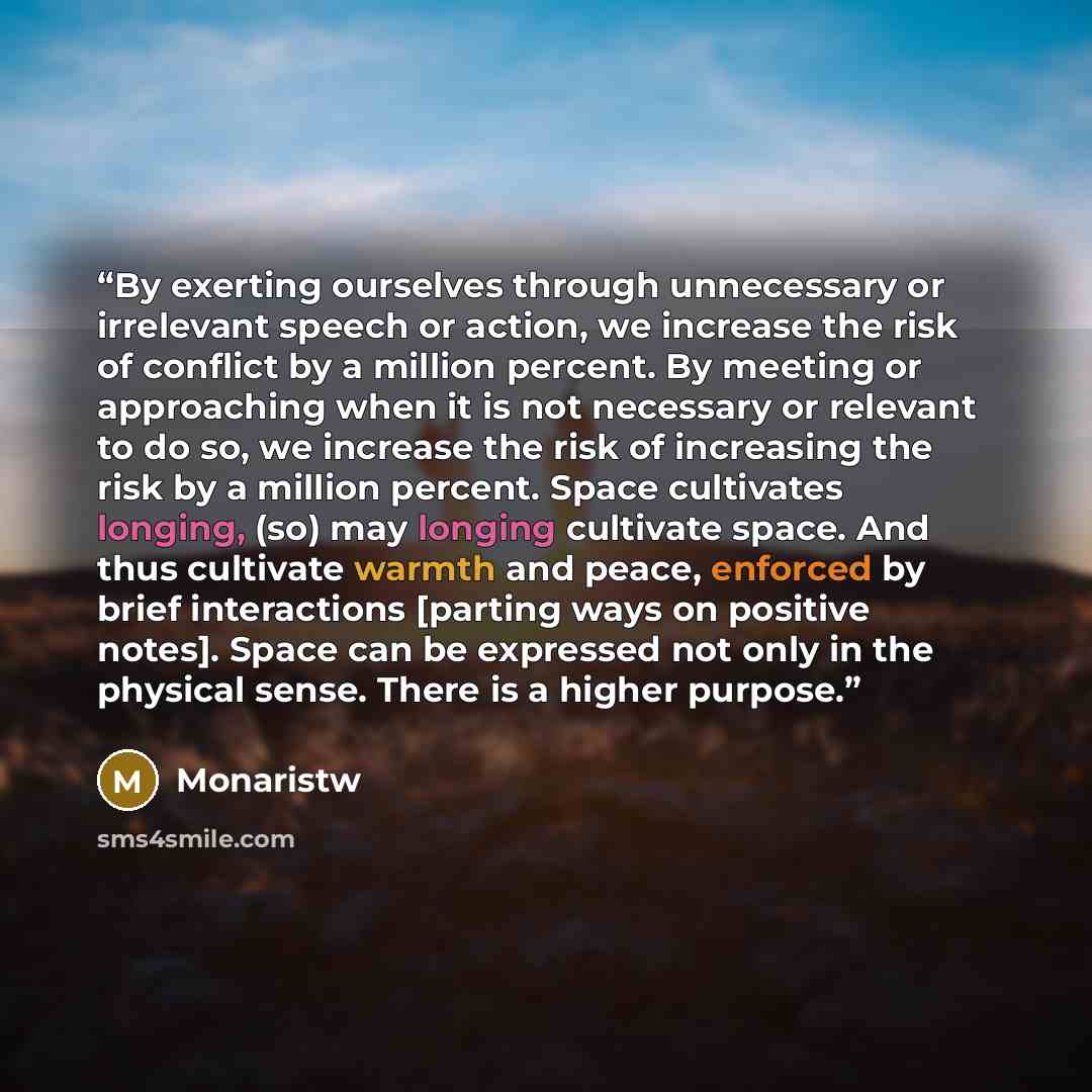 “By exerting ourselves through unnecessary or irrelevant speech or action, we increase the risk of conflict by a million percent. By meeting or approaching when it is not necessary or relevant to do so, we increase the risk of increasing the risk by a million percent. Space cultivates longing, (so)…” quote by Monaristw