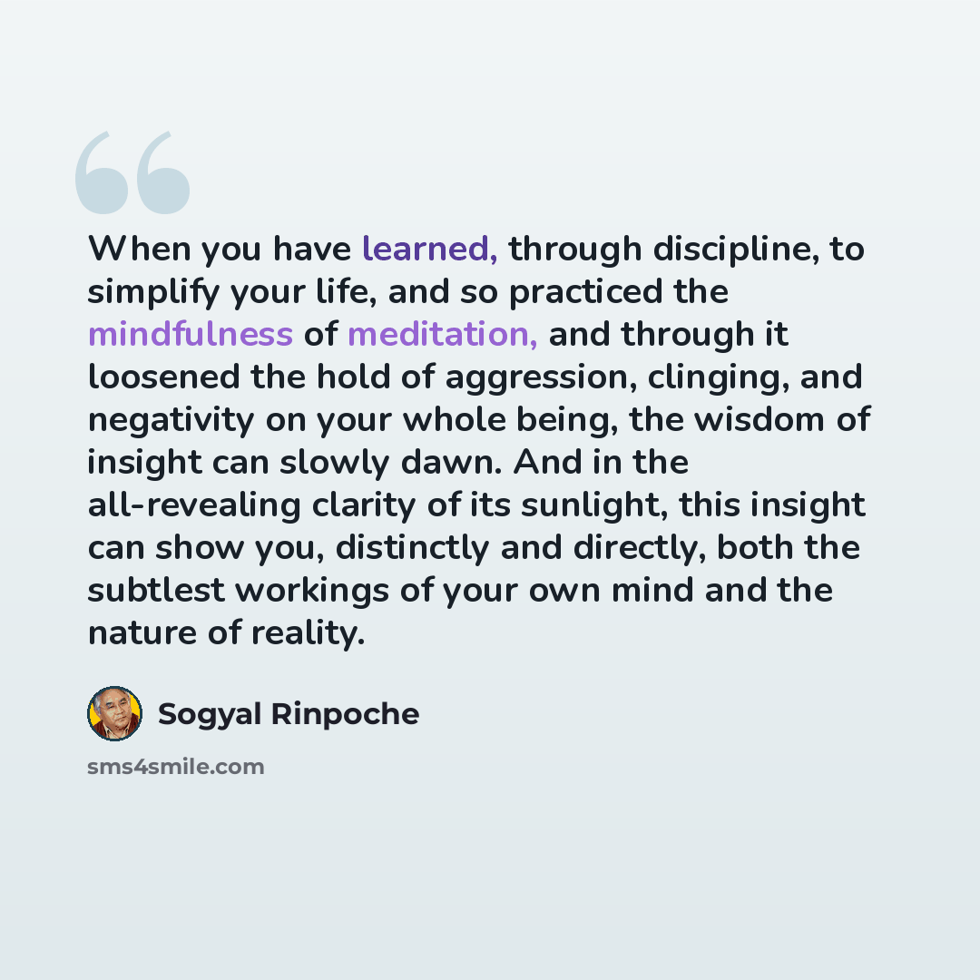“When you have learned, through discipline, to simplify your life, and so practiced the mindfulness of meditation, and through it loosened the hold of aggression, clinging, and negativity on your whole being, the wisdom of insight can slowly dawn. And in the all-revealing clarity of its sunlight…” quote by Sogyal Rinpoche