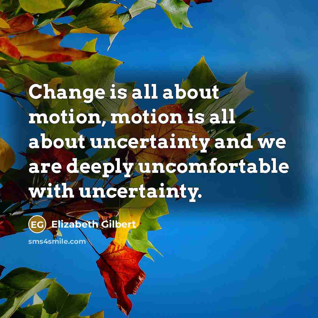 “Change is all about motion, motion is all about uncertainty and we are deeply uncomfortable with uncertainty.” quote by Elizabeth Gilbert