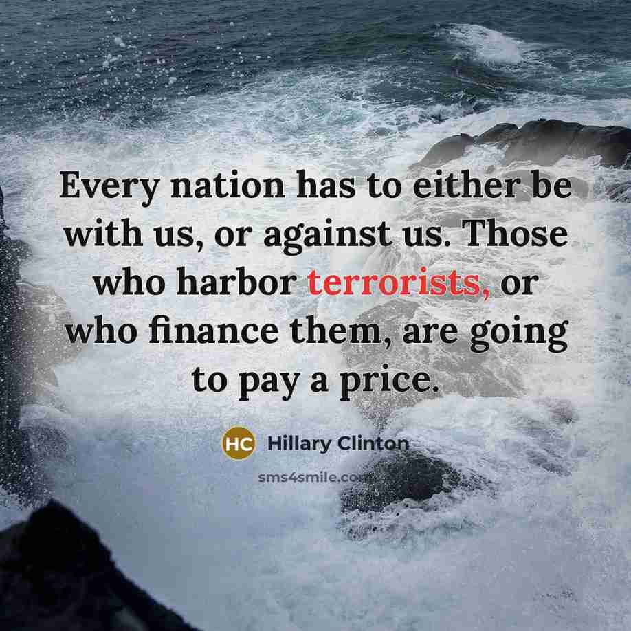“Every nation has to either be with us, or against us. Those who harbor terrorists, or who finance them, are going to pay a price.” quote by Hillary Clinton
