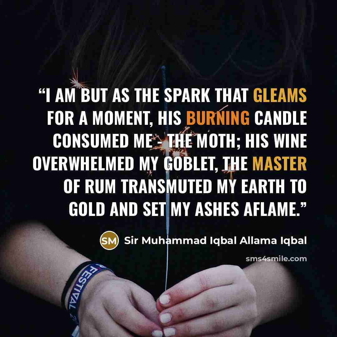 “I am but as the spark that gleams for a moment, His burning candle consumed me - the moth; His wine overwhelmed my goblet, The master of Rum transmuted my earth to gold And set my ashes aflame.” quote by Sir Muhammad Iqbal Allama Iqbal