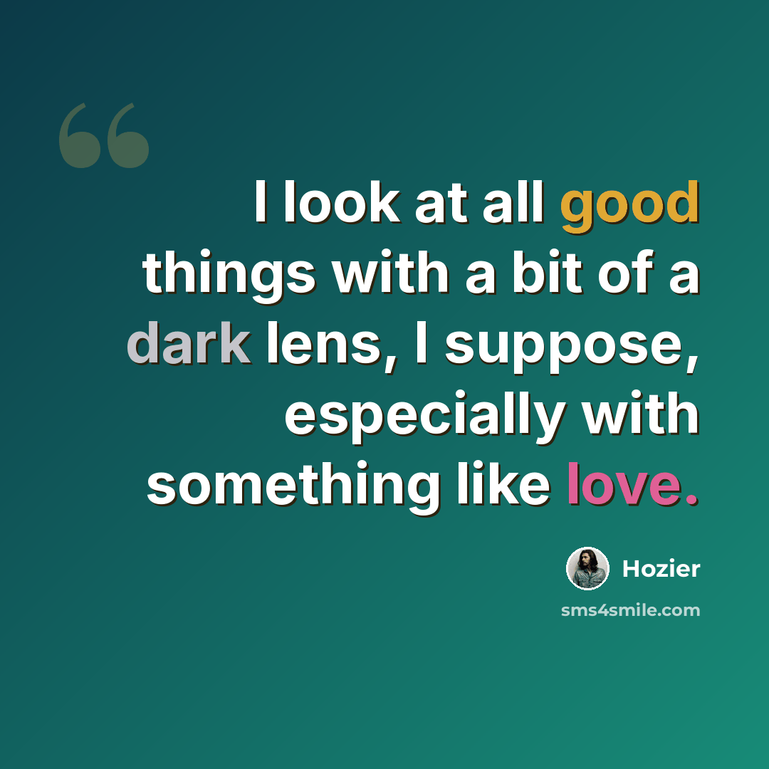 “I look at all good things with a bit of a dark lens, I suppose, especially with something like love.” quote by Hozier