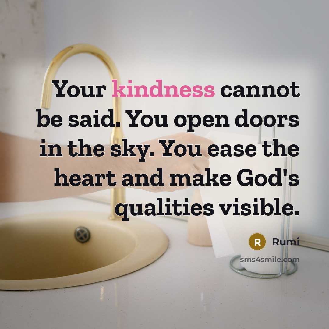 “Your kindness cannot be said. You open doors in the sky. You ease the heart and make God's qualities visible.” quote by Rumi