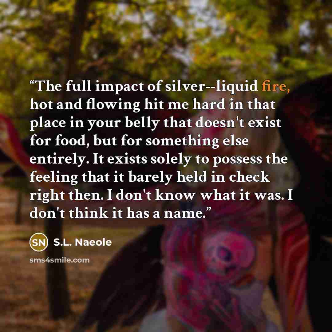 “The full impact of silver--liquid fire, hot and flowing hit me hard in that place in your belly that doesn't exist for food, but for something else entirely. It exists solely to possess the feeling that it barely held in check right then. I don't know what it was. I don't think it has a name.” quote by S.L. Naeole