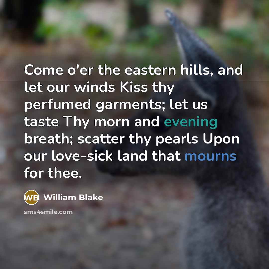 “Come o'er the eastern hills, and let our winds Kiss thy perfumed garments; let us taste Thy morn and evening breath; scatter thy pearls Upon our love-sick land that mourns for thee.” quote by William Blake