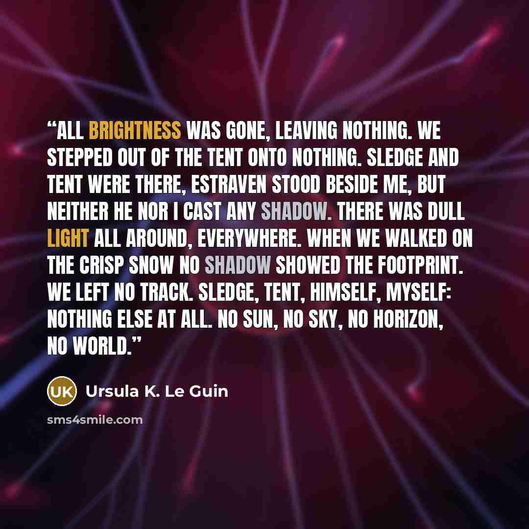 “All brightness was gone, leaving nothing. We stepped out of the tent onto nothing. Sledge and tent were there, Estraven stood beside me, but neither he nor I cast any shadow. There was dull light all around, everywhere. When we walked on the crisp snow no shadow showed the footprint. We left no…” quote by Ursula K. Le Guin