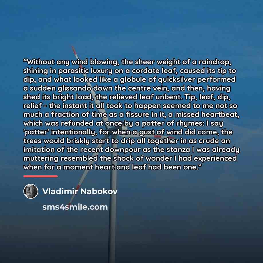 “Without any wind blowing, the sheer weight of a raindrop, shining in parasitic luxury on a cordate leaf, caused its tip to dip, and what looked like a globule of quicksilver performed a sudden glissando down the centre vein, and then, having shed its bright load, the relieved leaf unbent. Tip…” quote by Vladimir Nabokov