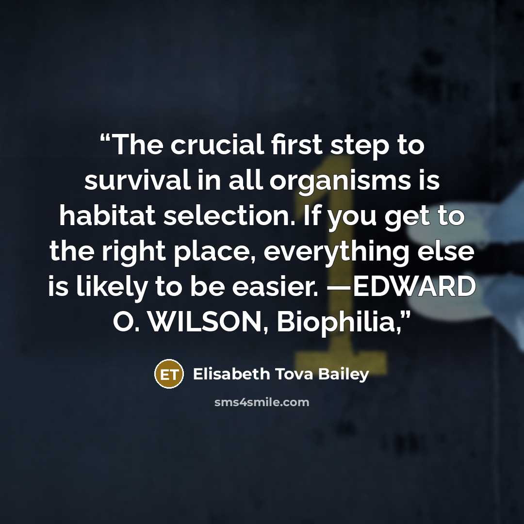 “The crucial first step to survival in all organisms is habitat selection. If you get to the right place, everything else is likely to be easier. —EDWARD O. WILSON, Biophilia,” quote by Elisabeth Tova Bailey