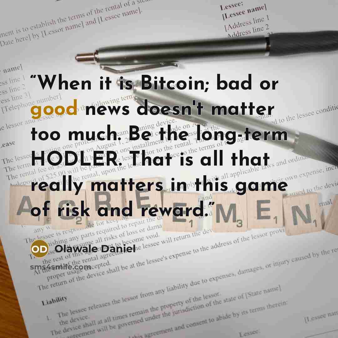 “When it is Bitcoin; bad or good news doesn't matter too much. Be the long-term HODLER. That is all that really matters in this game of risk and reward.” quote by Olawale Daniel