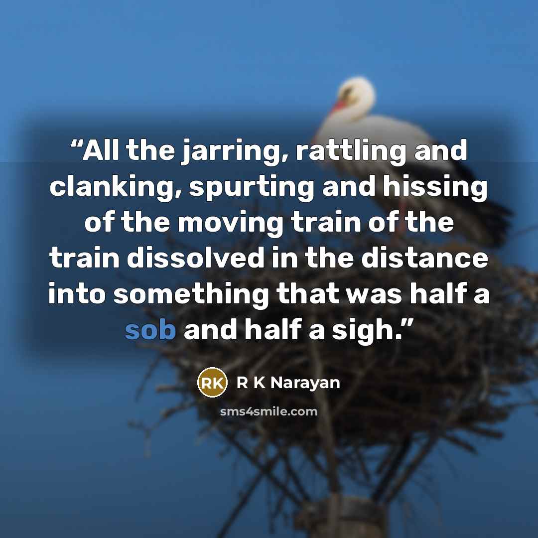 “All the jarring, rattling and clanking, spurting and hissing of the moving train of the train dissolved in the distance into something that was half a sob and half a sigh.” quote by R K Narayan
