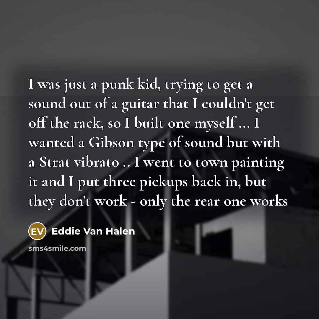 “I was just a punk kid, trying to get a sound out of a guitar that I couldn't get off the rack, so I built one myself ... I wanted a Gibson type of sound but with a Strat vibrato .. I went to town painting it and I put three pickups back in, but they don't work - only the rear one works” quote by Eddie Van Halen