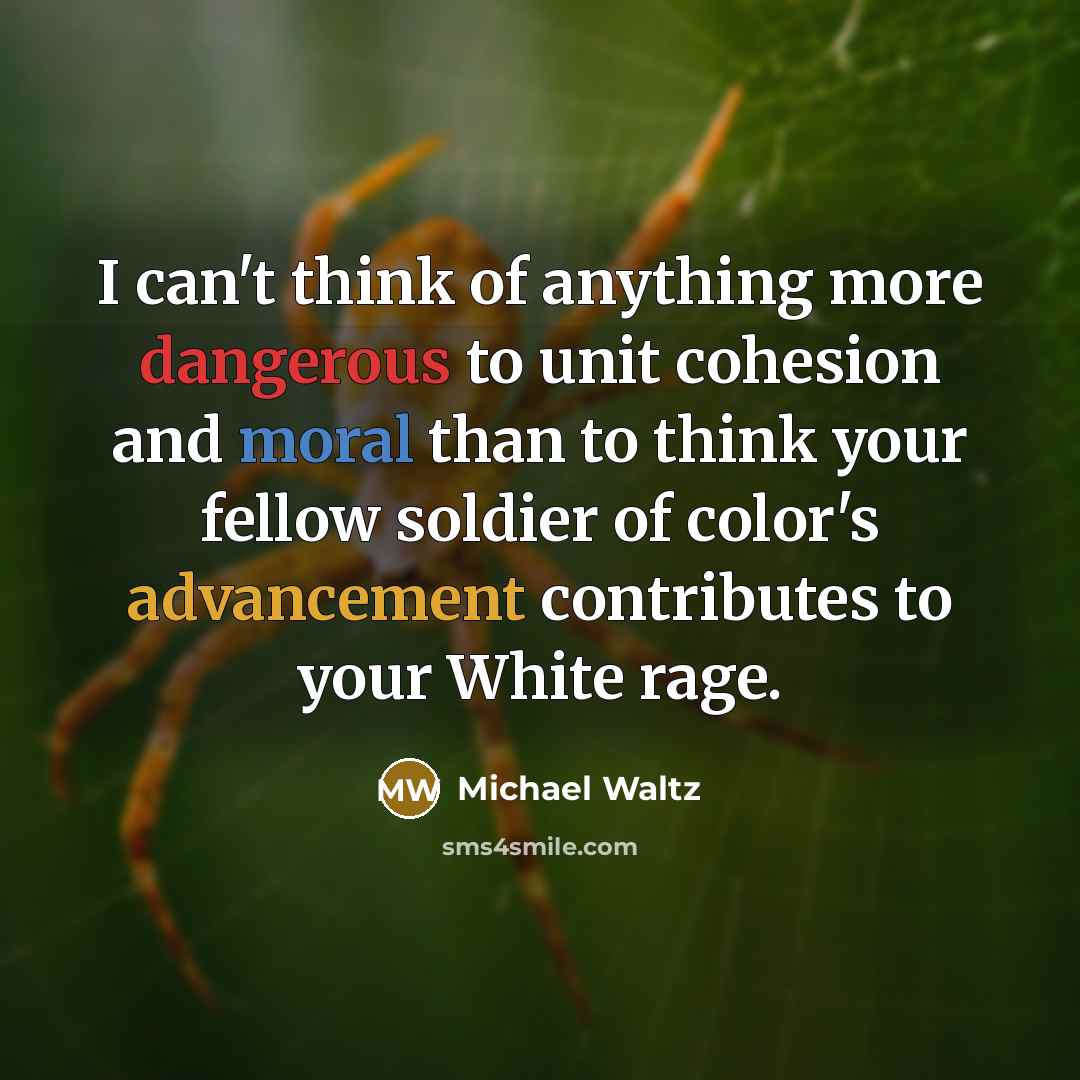 “I can't think of anything more dangerous to unit cohesion and moral than to think your fellow soldier of color's advancement contributes to your White rage.” quote by Michael Waltz