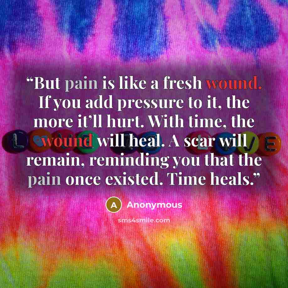 “But pain is like a fresh wound. If you add pressure to it, the more it’ll hurt. With time, the wound will heal. A scar will remain, reminding you that the pain once existed. Time heals.” quote by Anonymous