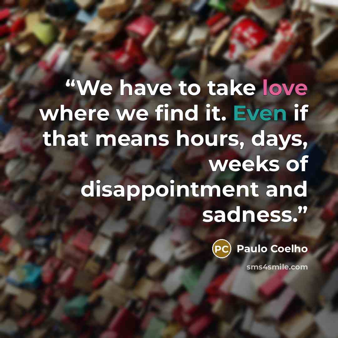“We have to take love where we find it. Even if that means hours, days, weeks of disappointment and sadness.” quote by Paulo Coelho