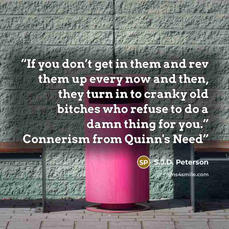 “If you don’t get in them and rev them up every now and then, they turn in to cranky old bitches who refuse to do a damn thing for you.” Connerism from Quinn's Need” quote by S.J.D. Peterson