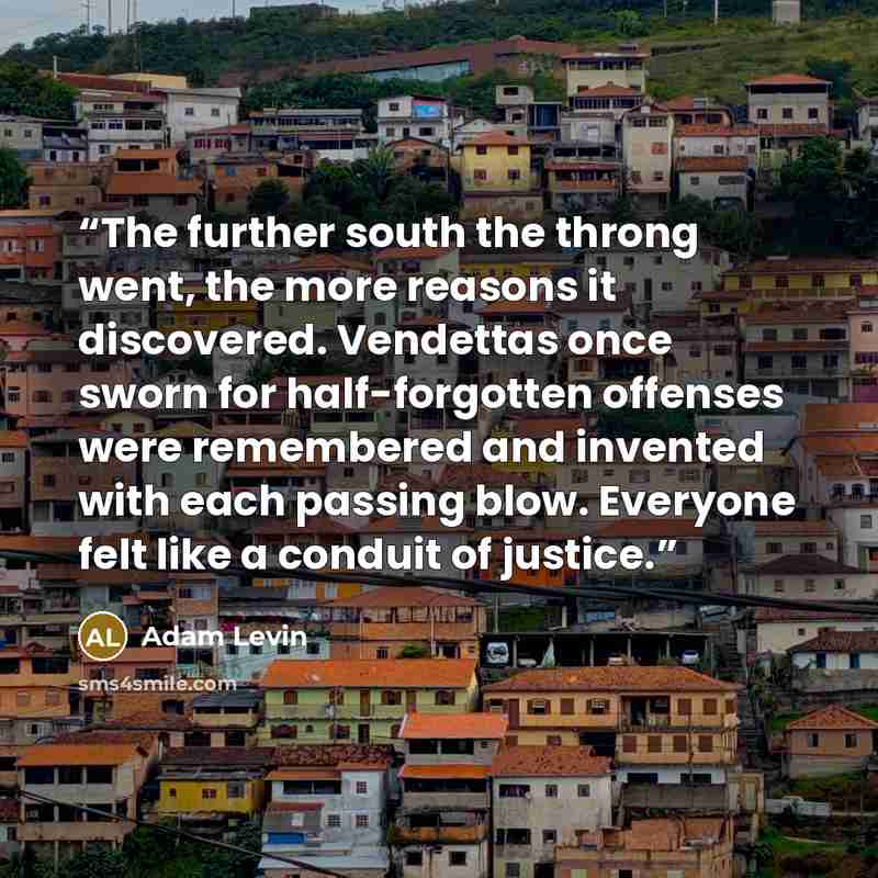“The further south the throng went, the more reasons it discovered. Vendettas once sworn for half-forgotten offenses were remembered and invented with each passing blow. Everyone felt like a conduit of justice.” quote by Adam Levin