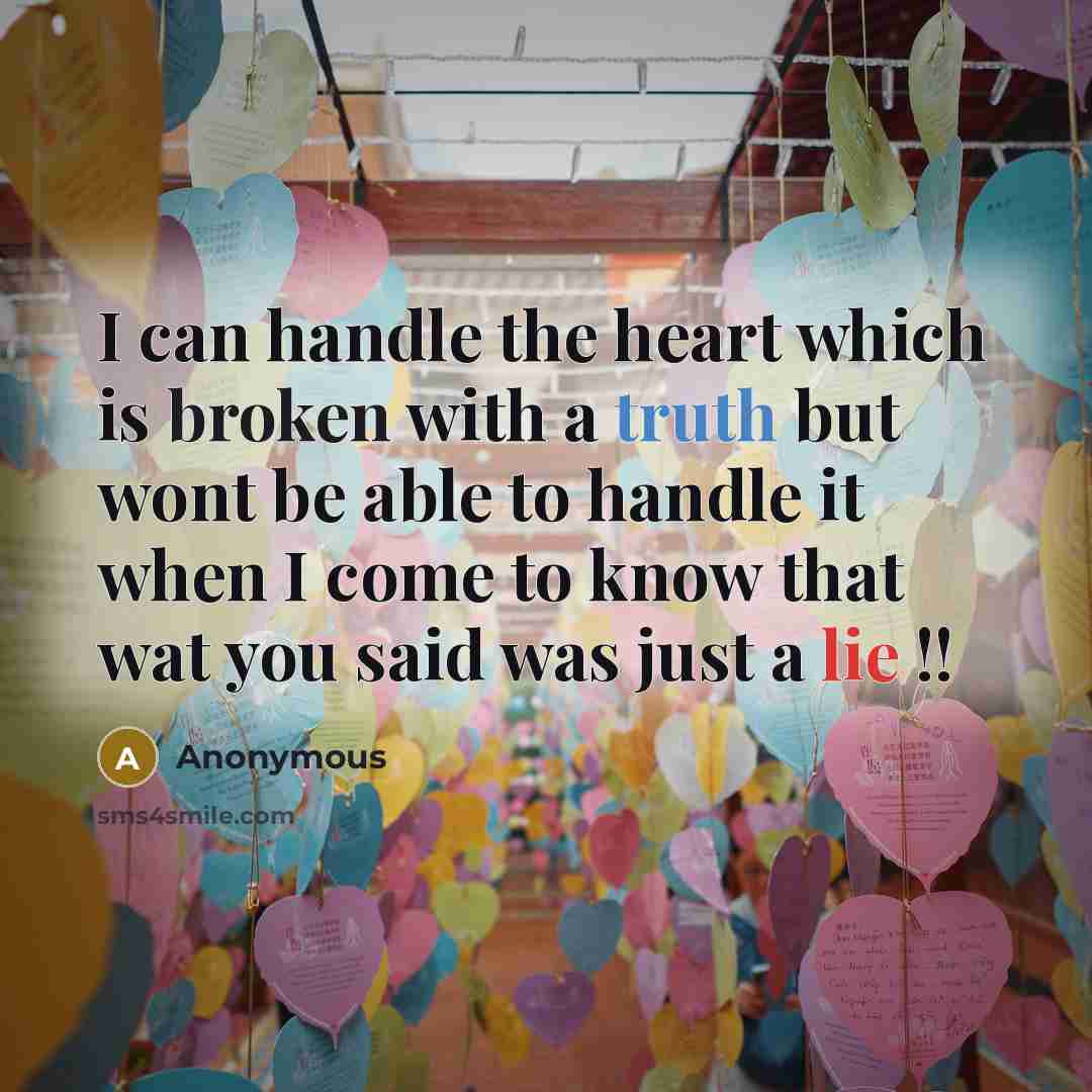 “I can handle the heart which is broken with a truth but wont be able to handle it when I come to know that wat you said was just a lie !!” quote by Anonymous