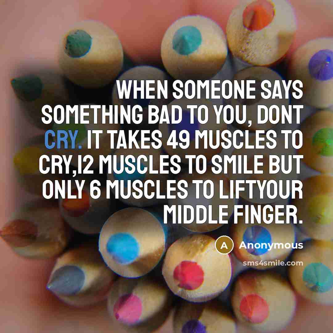 “When someone says something bad to you, dont cry. It takes 49 muscles to cry,12 muscles to smile but only 6 muscles to LIFTYOUR MIDDLE FINGER.” quote by Anonymous