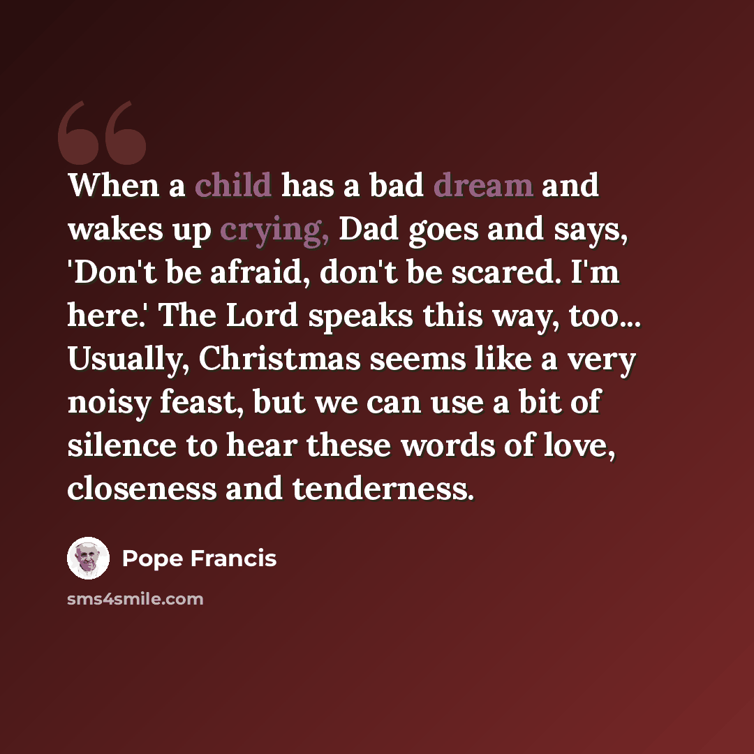 “When a child has a bad dream and wakes up crying, Dad goes and says, 'Don't be afraid, don't be scared. I'm here.' The Lord speaks this way, too... Usually, Christmas seems like a very noisy feast, but we can use a bit of silence to hear these words of love, closeness and tenderness.” quote by Pope Francis
