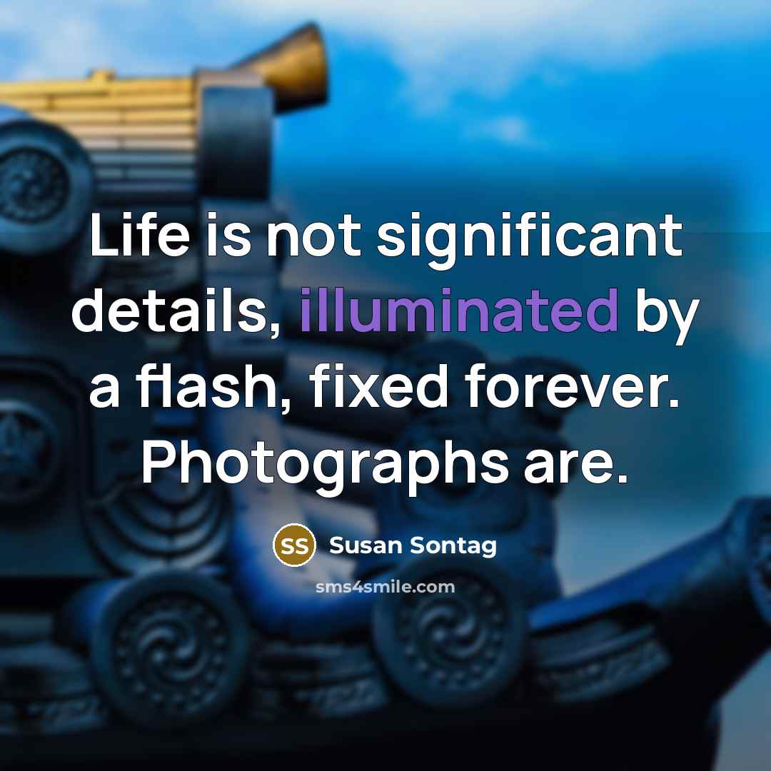 “Life is not significant details, illuminated by a flash, fixed forever. Photographs are.” quote by Susan Sontag