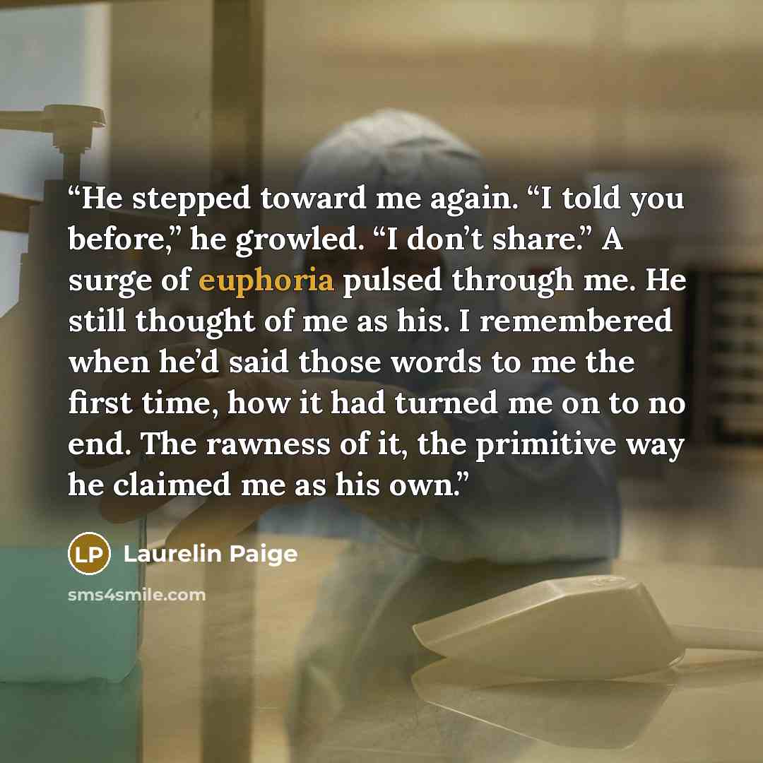 “He stepped toward me again. “I told you before,” he growled. “I don’t share.” A surge of euphoria pulsed through me. He still thought of me as his. I remembered when he’d said those words to me the first time, how it had turned me on to no end. The rawness of it, the primitive way he claimed me as…” quote by Laurelin Paige