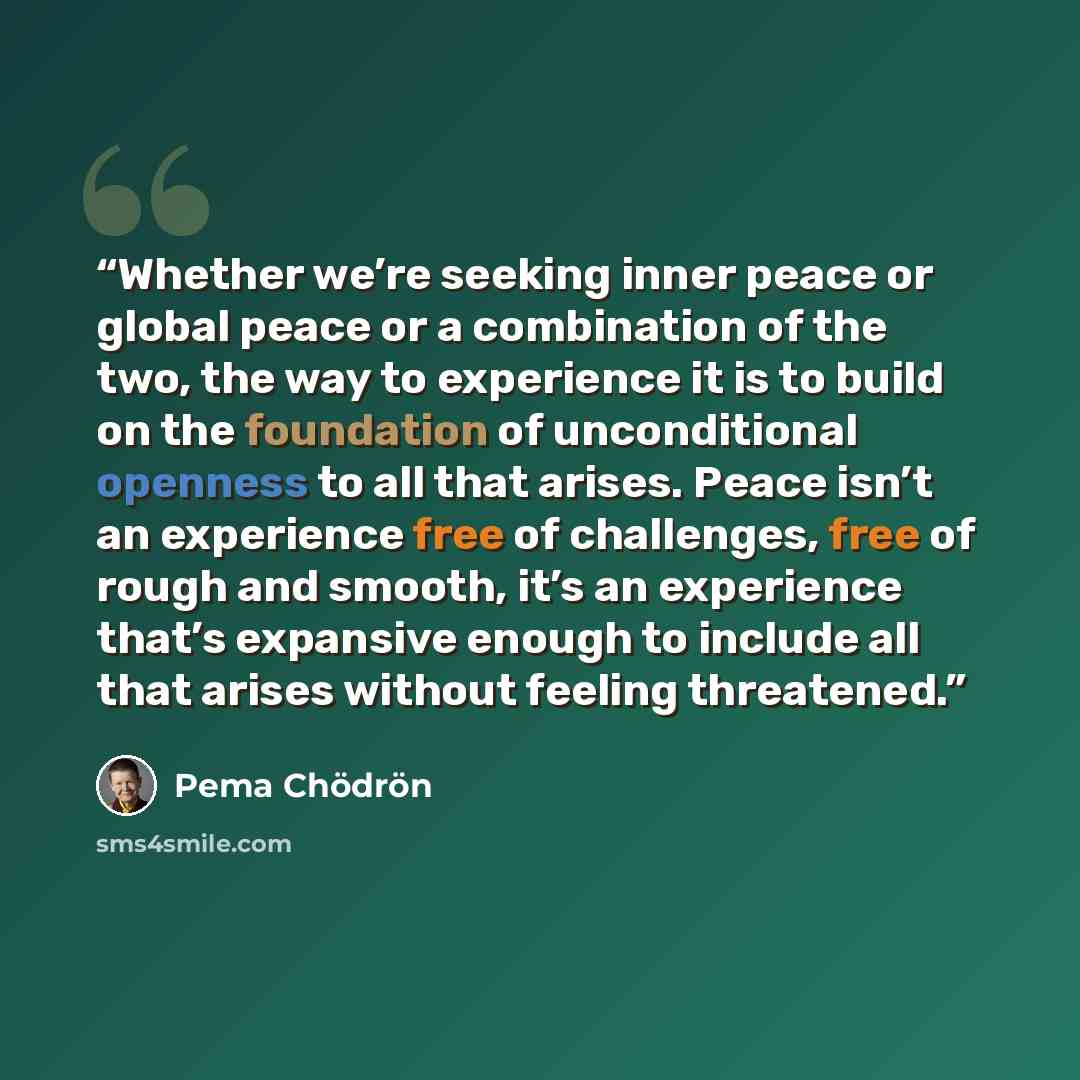 “Whether we’re seeking inner peace or global peace or a combination of the two, the way to experience it is to build on the foundation of unconditional openness to all that arises. Peace isn’t an experience free of challenges, free of rough and smooth, it’s an experience that’s expansive enough to…” quote by Pema Chödrön