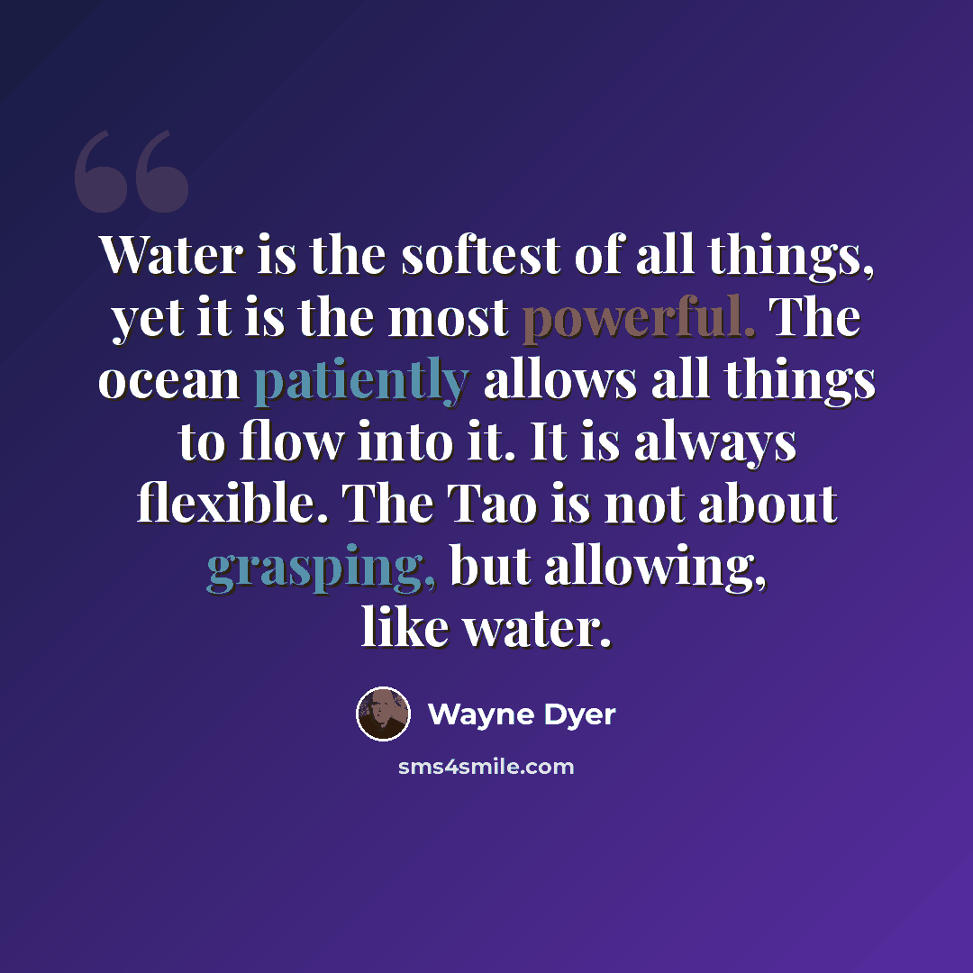 “Water is the softest of all things, yet it is the most powerful. The ocean patiently allows all things to flow into it. It is always flexible. The Tao is not about grasping, but allowing, like water.” quote by Wayne Dyer