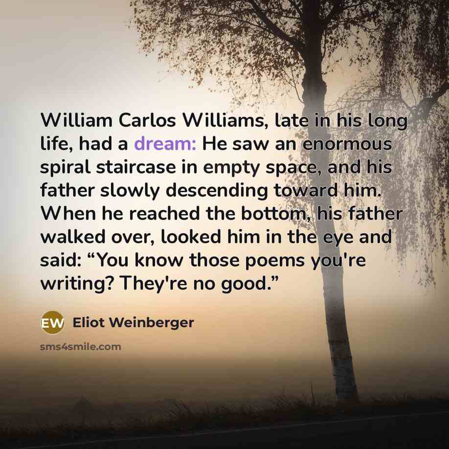 “William Carlos Williams, late in his long life, had a dream: He saw an enormous spiral staircase in empty space, and his father slowly descending toward him. When he reached the bottom, his father walked over, looked him in the eye and said: “You know those poems you're writing? They're no good.”” quote by Eliot Weinberger