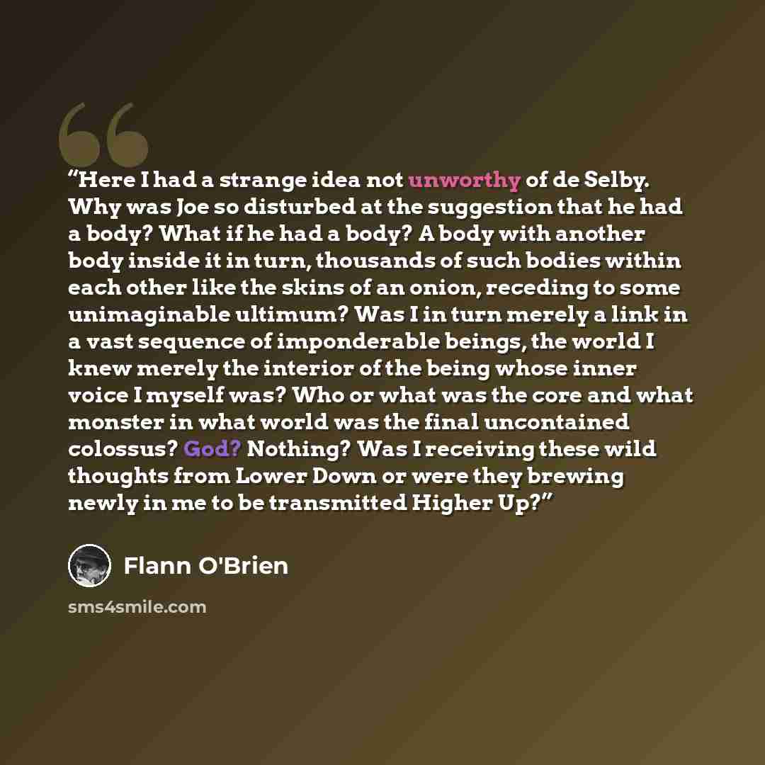 “Here I had a strange idea not unworthy of de Selby. Why was Joe so disturbed at the suggestion that he had a body? What if he had a body? A body with another body inside it in turn, thousands of such bodies within each other like the skins of an onion, receding to some unimaginable ultimum? Was I…” quote by Flann O'Brien
