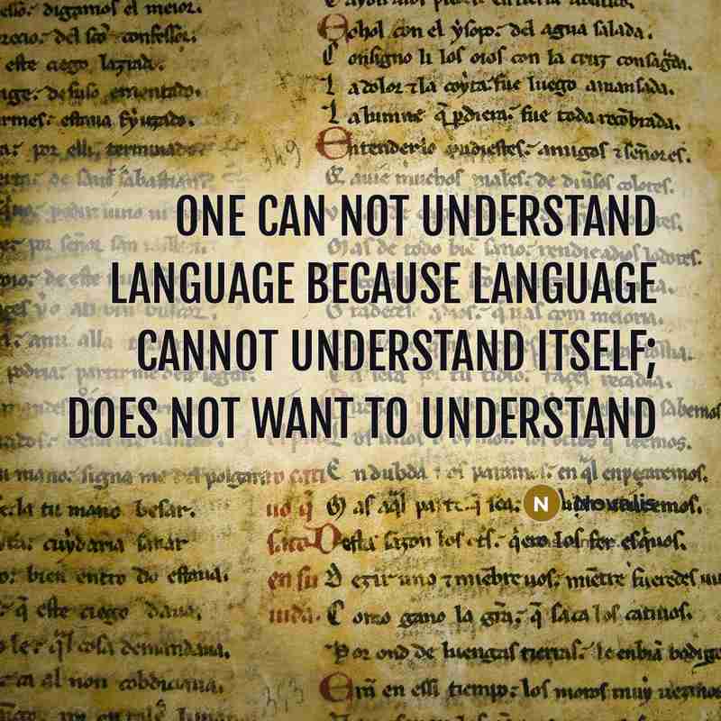 “One can not understand language because language cannot understand itself; does not want to understand” quote by Novalis