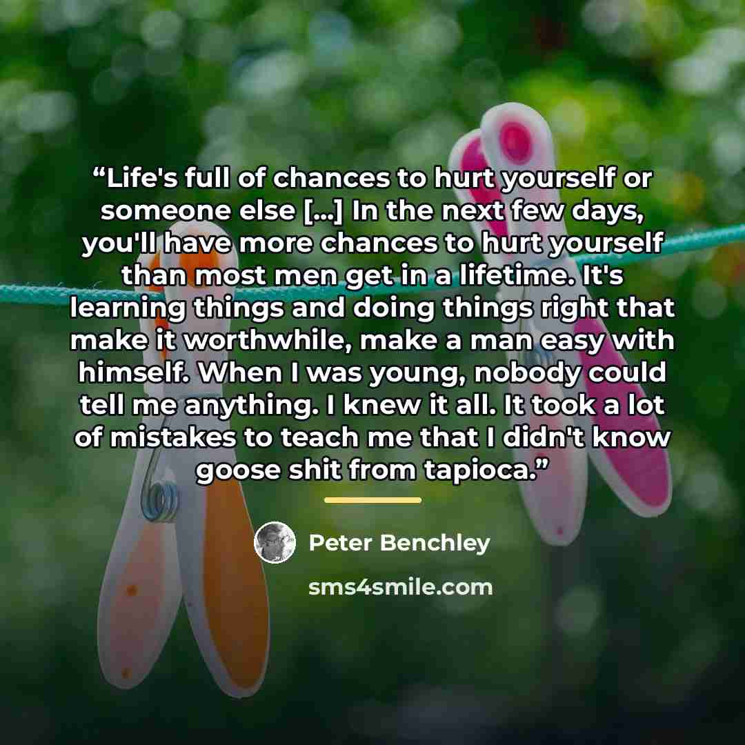 “Life's full of chances to hurt yourself or someone else [...] In the next few days, you'll have more chances to hurt yourself than most men get in a lifetime. It's learning things and doing things right that make it worthwhile, make a man easy with himself. When I was young, nobody could tell me…” quote by Peter Benchley
