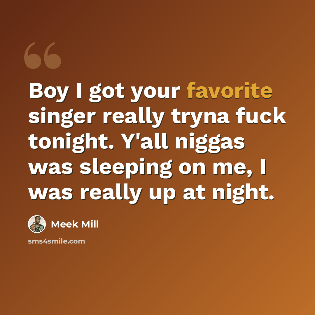 “Boy I got your favorite singer really tryna fuck tonight. Y'all niggas was sleeping on me, I was really up at night.” quote by Meek Mill