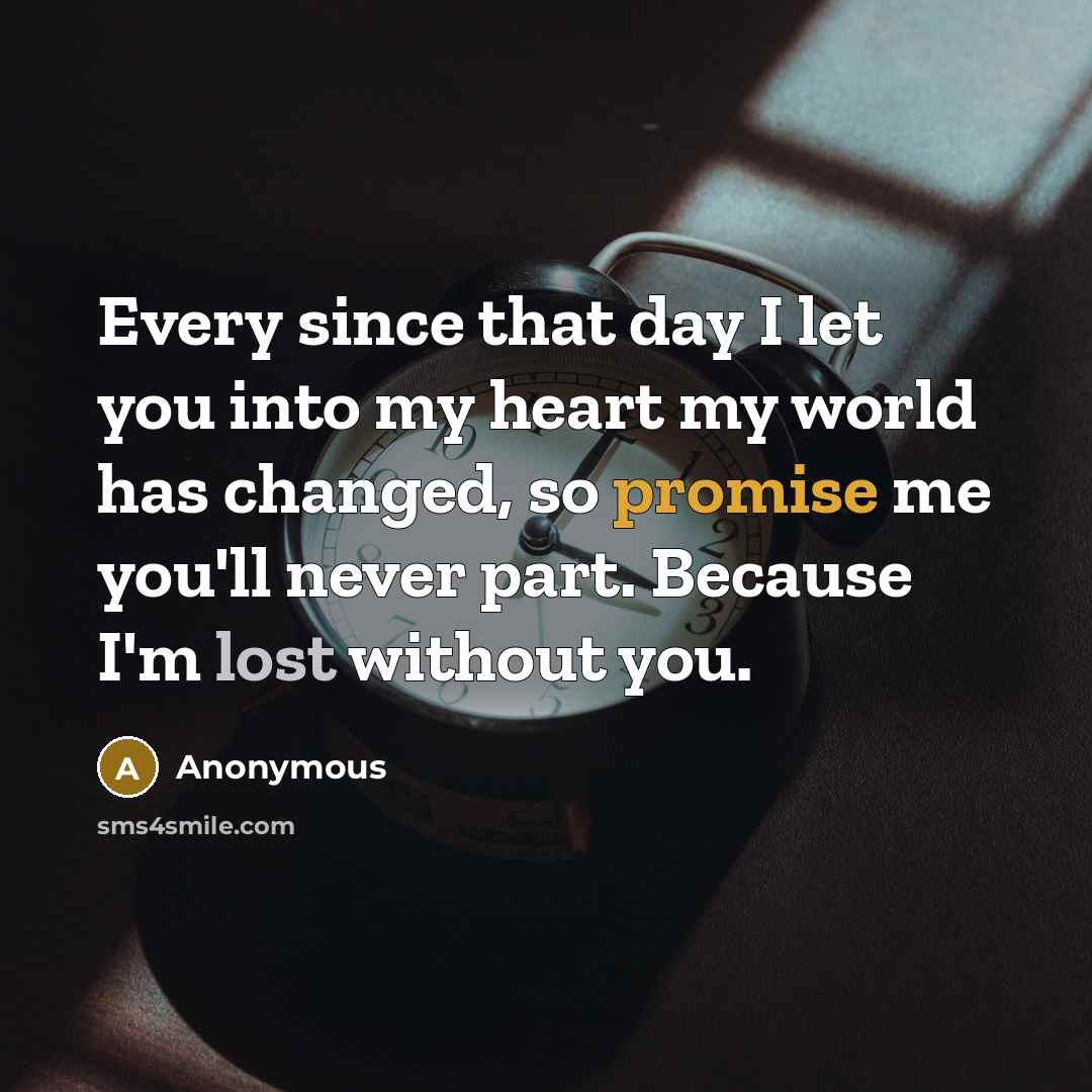 “Every since that day I let you into my heart my world has changed, so promise me you'll never part. Because I'm lost without you.” quote by Anonymous