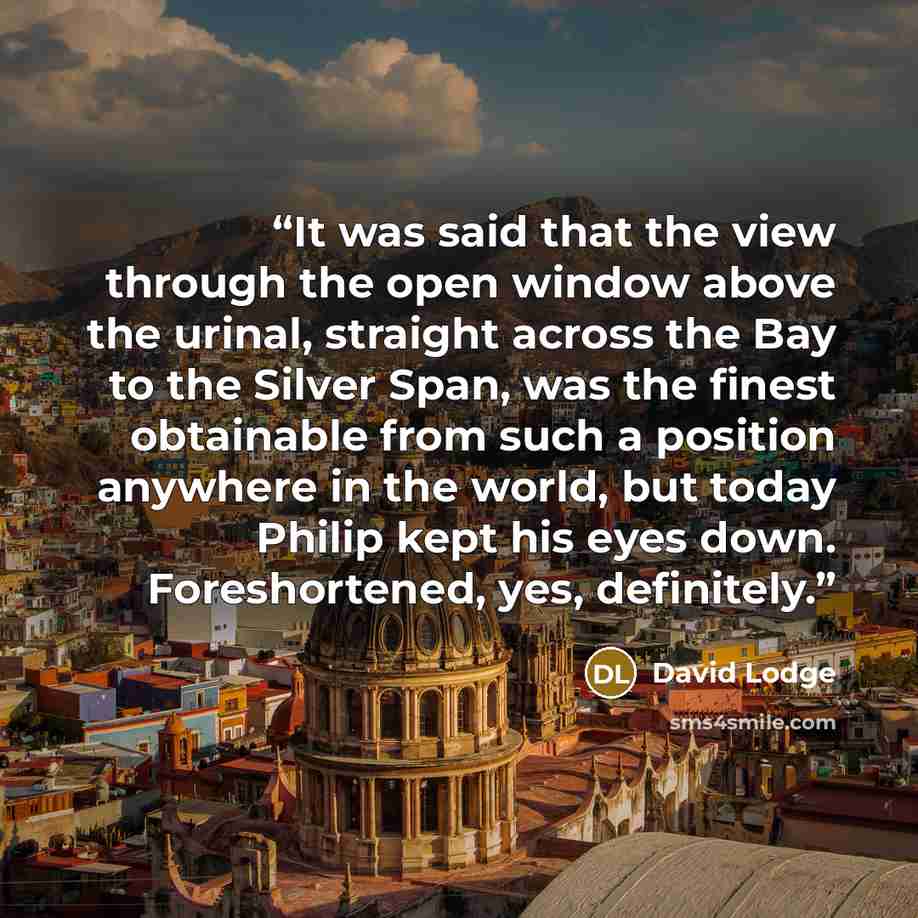 “It was said that the view through the open window above the urinal, straight across the Bay to the Silver Span, was the finest obtainable from such a position anywhere in the world, but today Philip kept his eyes down. Foreshortened, yes, definitely.” quote by David Lodge
