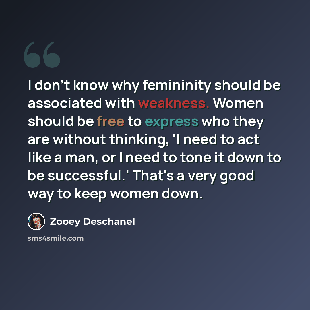 “I don't know why femininity should be associated with weakness. Women should be free to express who they are without thinking, 'I need to act like a man, or I need to tone it down to be successful.' That's a very good way to keep women down.” quote by Zooey Deschanel