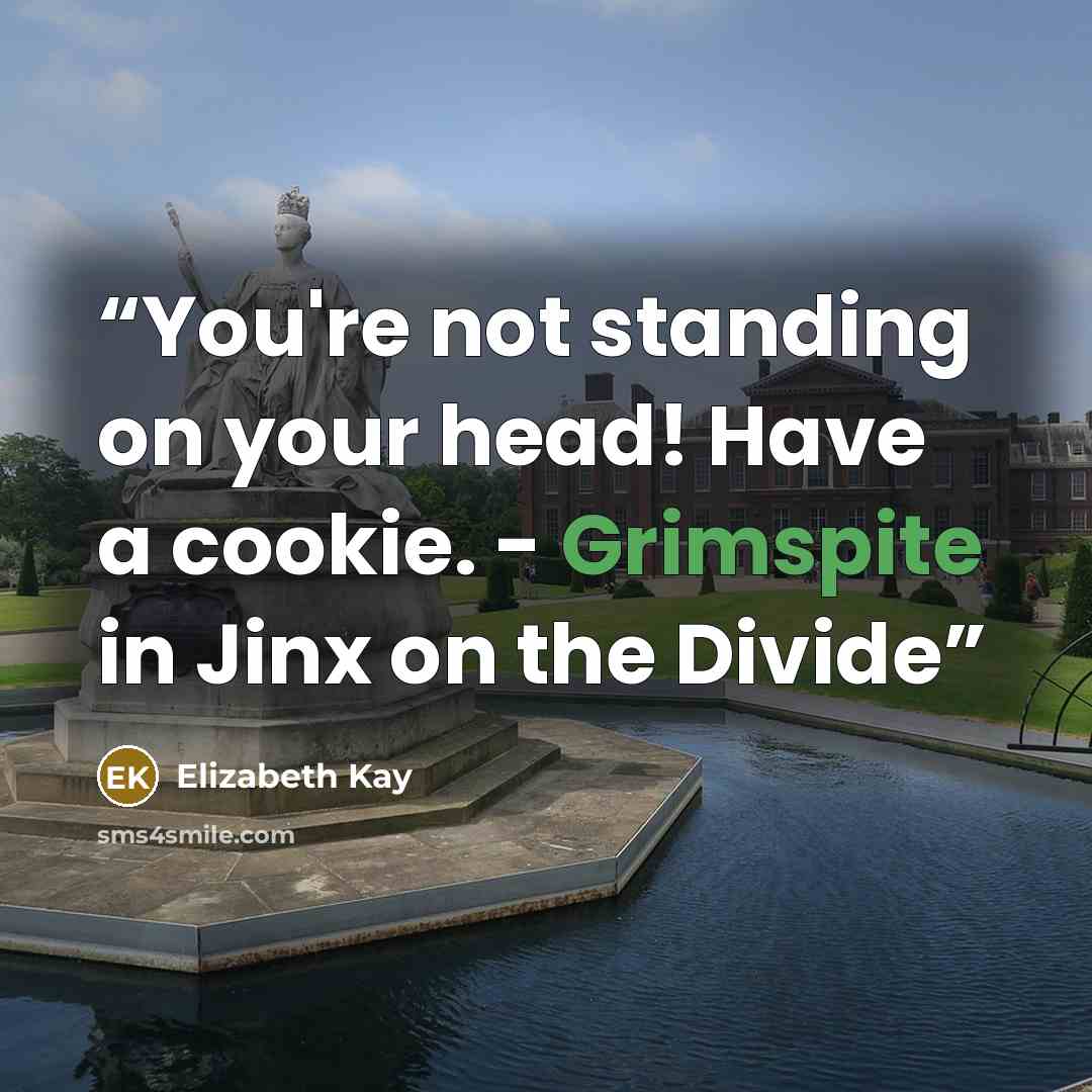“You're not standing on your head! Have a cookie. - Grimspite in Jinx on the Divide” quote by Elizabeth Kay