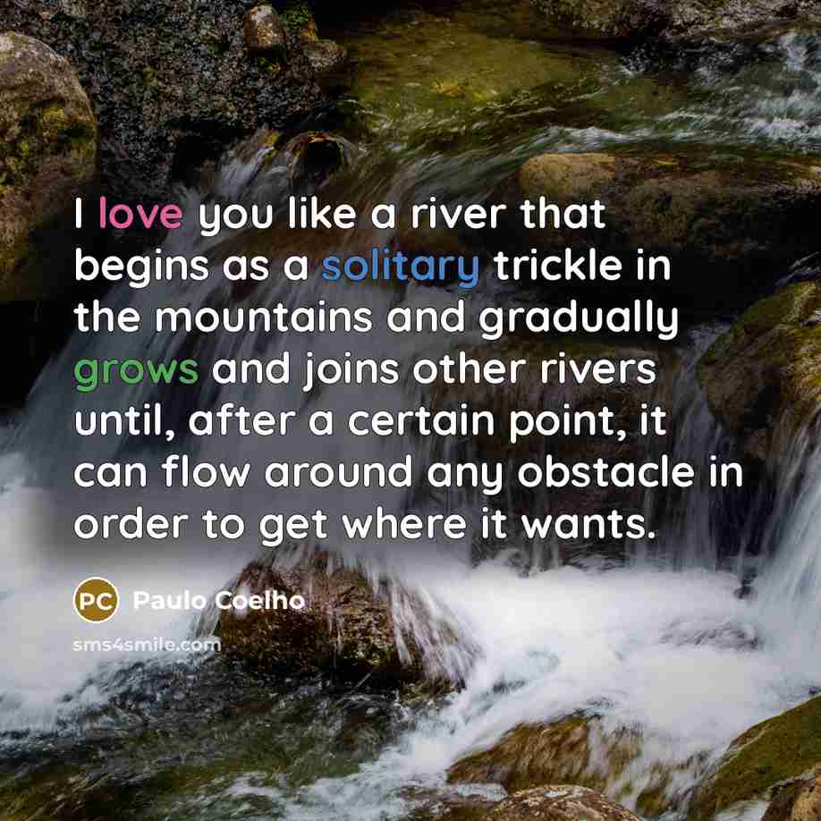 “I love you like a river that begins as a solitary trickle in the mountains and gradually grows and joins other rivers until, after a certain point, it can flow around any obstacle in order to get where it wants.” quote by Paulo Coelho