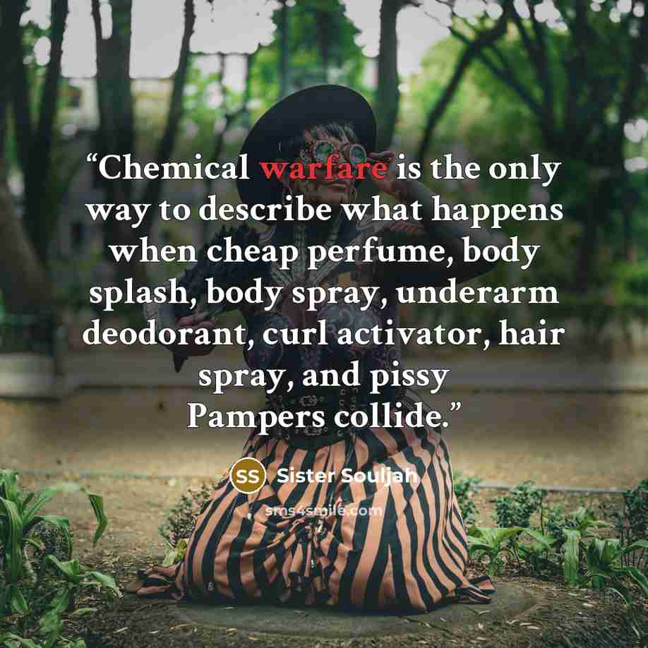 “Chemical warfare is the only way to describe what happens when cheap perfume, body splash, body spray, underarm deodorant, curl activator, hair spray, and pissy Pampers collide.” quote by Sister Souljah